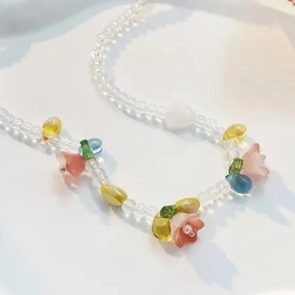 Cottagecore Garden Flower Girl Prom Boho Kawaii Glass Flowers Beads Necklace - Picture 1 of 1